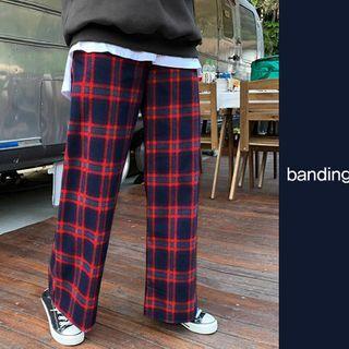 Band-waist Wide Plaid Pants