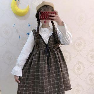 Frill-trim Blouse / Plaid Pinafore Mini Dress