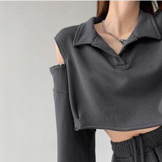 Zipper-shoulder Cropped Polo Shirt