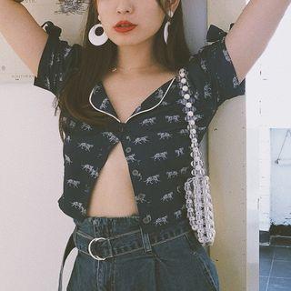 Tiger Print Short-sleeve Cropped Blouse