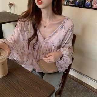 Set: Floral Long-sleeve Top + Camisole Top As Figure - One Size