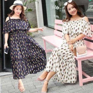 Off-shoulder Printed Elbow-sleeve Midi A-line Dress