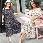 Off-shoulder Printed Elbow-sleeve Midi A-line Dress