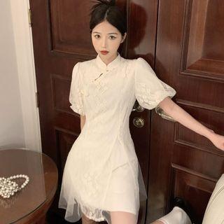 Puff-sleeve Cheongsam Collar Lace Mini A-line Dress