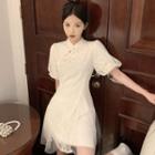 Puff-sleeve Cheongsam Collar Lace Mini A-line Dress