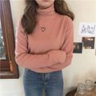 Heart Embroidered Turtleneck Long-sleeve T-shirt