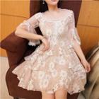Lace Elbow-sleeve Tiered Dress