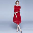 3/4-sleeve Asymmetric A-line Lace Dress