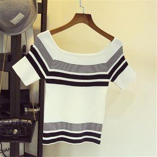 Striped Off Shoulder Short Sleeve Knit T-shirt