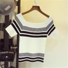 Striped Off Shoulder Short Sleeve Knit T-shirt
