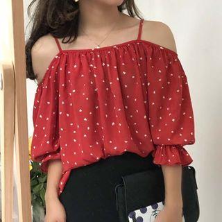 Off Shoulder Elbow-sleeve Chiffon Blouse Red - One Size