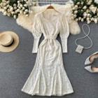 Square-neck Lace Puff-sleeve Lace-up Strap Mermaid Dress