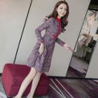 Long-sleeve Contrast-trim Mini A-line Tweed Dress