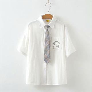 Set: Short-sleeve Bear Print Shirt + Tie Shirt - White - One Size / Tie - Gray - One Size