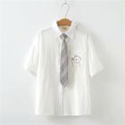Set: Short-sleeve Bear Print Shirt + Tie Shirt - White - One Size / Tie - Gray - One Size