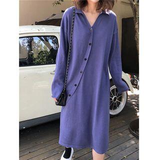 Long-sleeve Buttoned Midi Shift Knit Dress