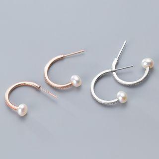 925 Sterling Silver Faux Pearl Half Hoop Earring