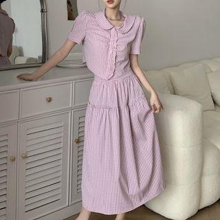 Set: Puff-sleeve Collar Gingham Blouse + Midi A-line Skirt