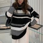 Round Neck Striped Sweater Stripes - Black & Black - One Size