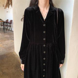 V-neck Single Breasted Loose Fit Velvet Dress Black - One Size