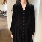 V-neck Single Breasted Loose Fit Velvet Dress Black - One Size