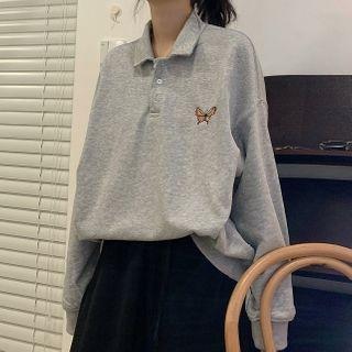 Butterfly Embroidery Polo Sweatshirt