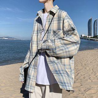 Pocket-front Oversize Gingham Long-sleeve Shirt