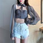Cut-out Cropped Shirt / Lace-up High-waist Shorts