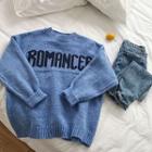 Lettering Long-sleeve Knit Sweater Blue - One Size