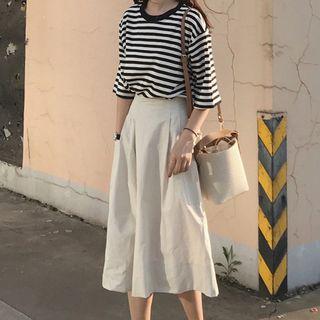 Set: Striped Short-sleeve T-shirt + Capri Wide Leg Pants