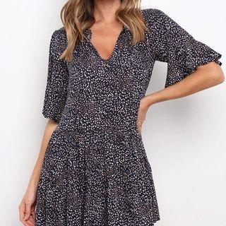 Flared-sleeve Printed Mini Shift Dress