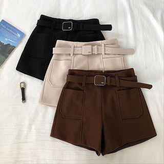 Plain Acrylic High-waist A-line Shorts With Belt