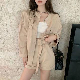 Set: Cargo Shirt Jacket + High-waist Wide-leg Shorts Almond - One Size