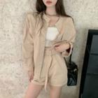 Set: Cargo Shirt Jacket + High-waist Wide-leg Shorts Almond - One Size