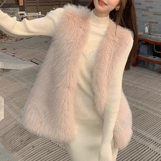 Fleece Plain Vest / Semi High-neck Sheath Long-sleeve Knit Dress