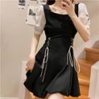 Puff-sleeve Two-tone Lace-up A-line Dress