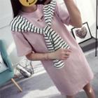 Striped Tie Neck Ripped Short Sleeve T-shirt Dress