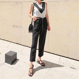 Lace-trim Two-tone Jumpsuit With Sash