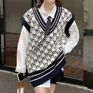 Color Block Flower Pattern Vest / White Shirt