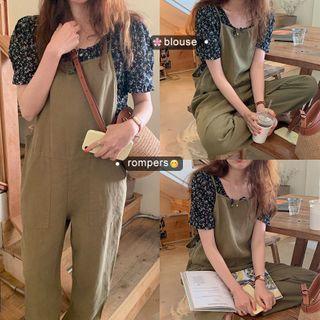 Floral Print Short-sleeve Blouse / Straight-cut Jumper Pants