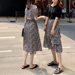 Flower Print Short-sleeve A-line Dress / High Waist A-line Skirt