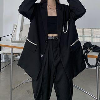 Faux Pearl Trim Single-breasted Blazer / Wide Leg Pants
