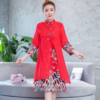 3/4-sleeve Midi A-line Qipao Dress