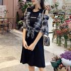 Mock Two-piece 3/4-sleeve Plaid Paneled Letter T-shirt Dress