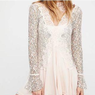 Bell-sleeve V Neck Lace Sheath Dress