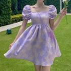 Puff-sleeve Tie-back Floral Print A-line Dress