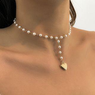 Heart Pendant Faux Pearl Alloy Choker 4917 - Gold - One Size