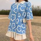 Flower Pattern Elbow-sleeve Knit Top / High Waist Pleated Skirt