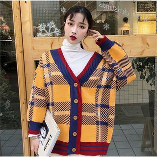 Check V-neck Loose-fit Cardigan