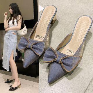 Bow Pointed Canvas Block Heel Mules